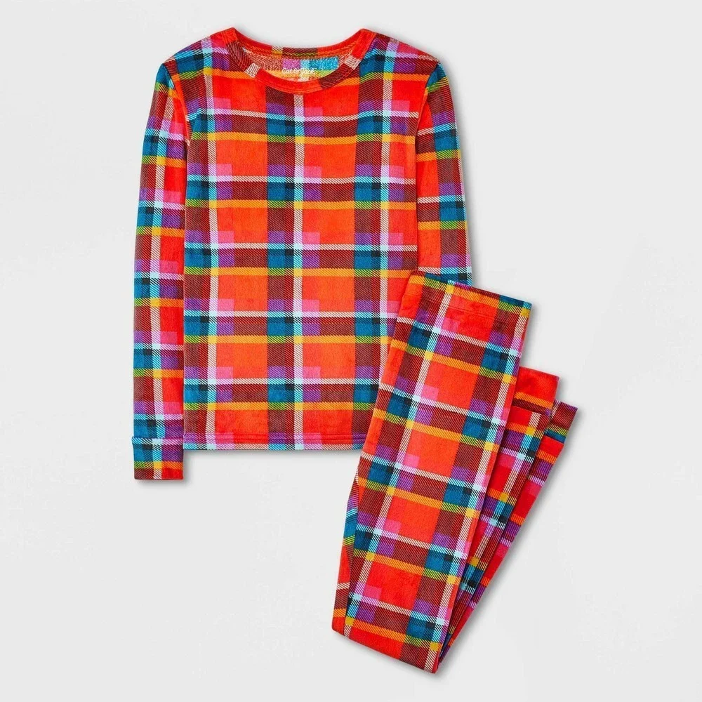 Cat & Jack Kids' Boys' Girls' Pajama Set Size 14 Pink Blue Plaid Snuggly Soft